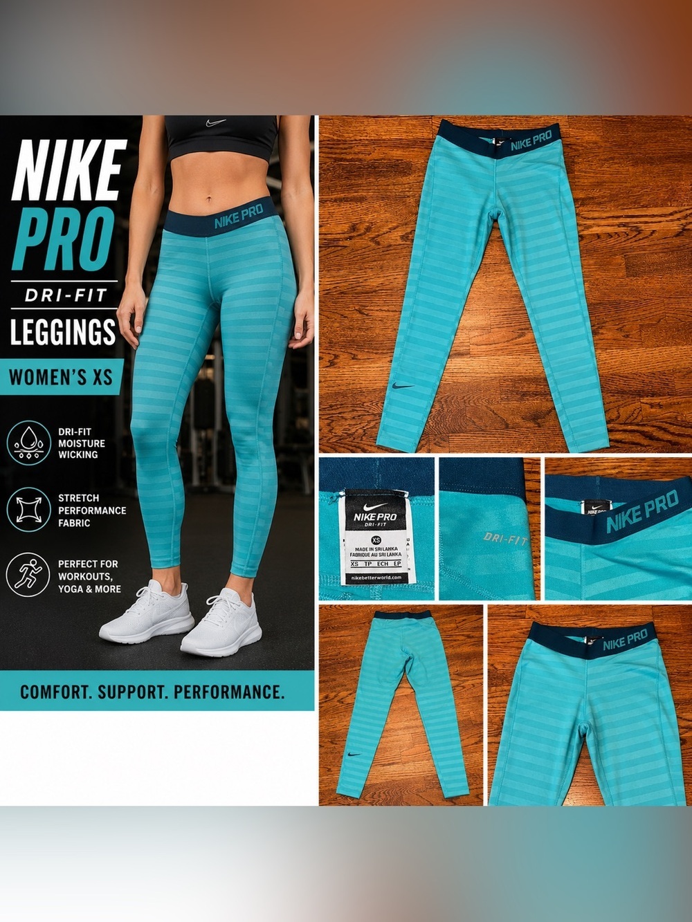 Nike Pro Dri-FIT Teal Striped Leggings – Women’s XS